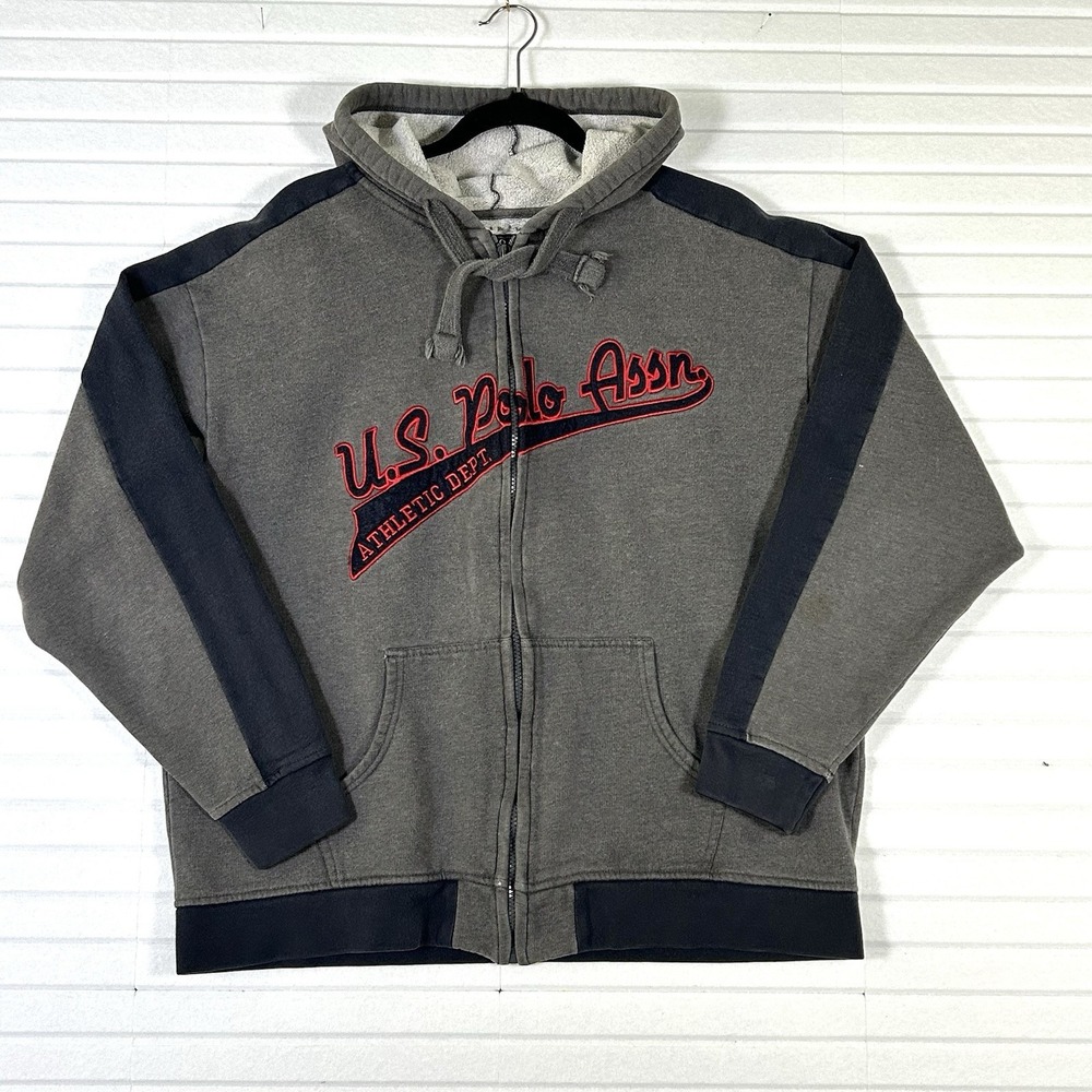 U.S. Polo Assn Men's MED Full Zip Hoodie Gray Navy Athletic Dept Embroidered